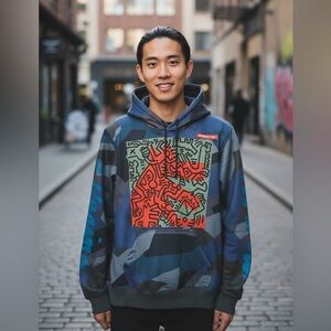 🔥 Keith Haring Member’s Only Hoodie Jacket Multi-Pattern Coat Teal Size Small